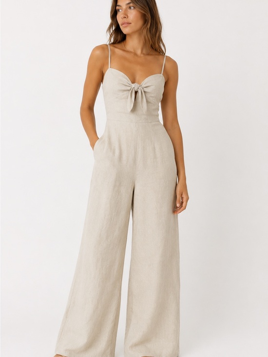 Elan Pants - 100% Linen Tie Front Wide Leg Jumpsuit Medium